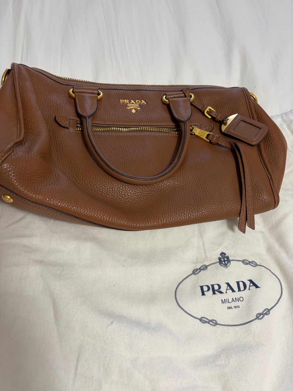 Prada Brown Pebbled Leather Satchel with Gold Hardware